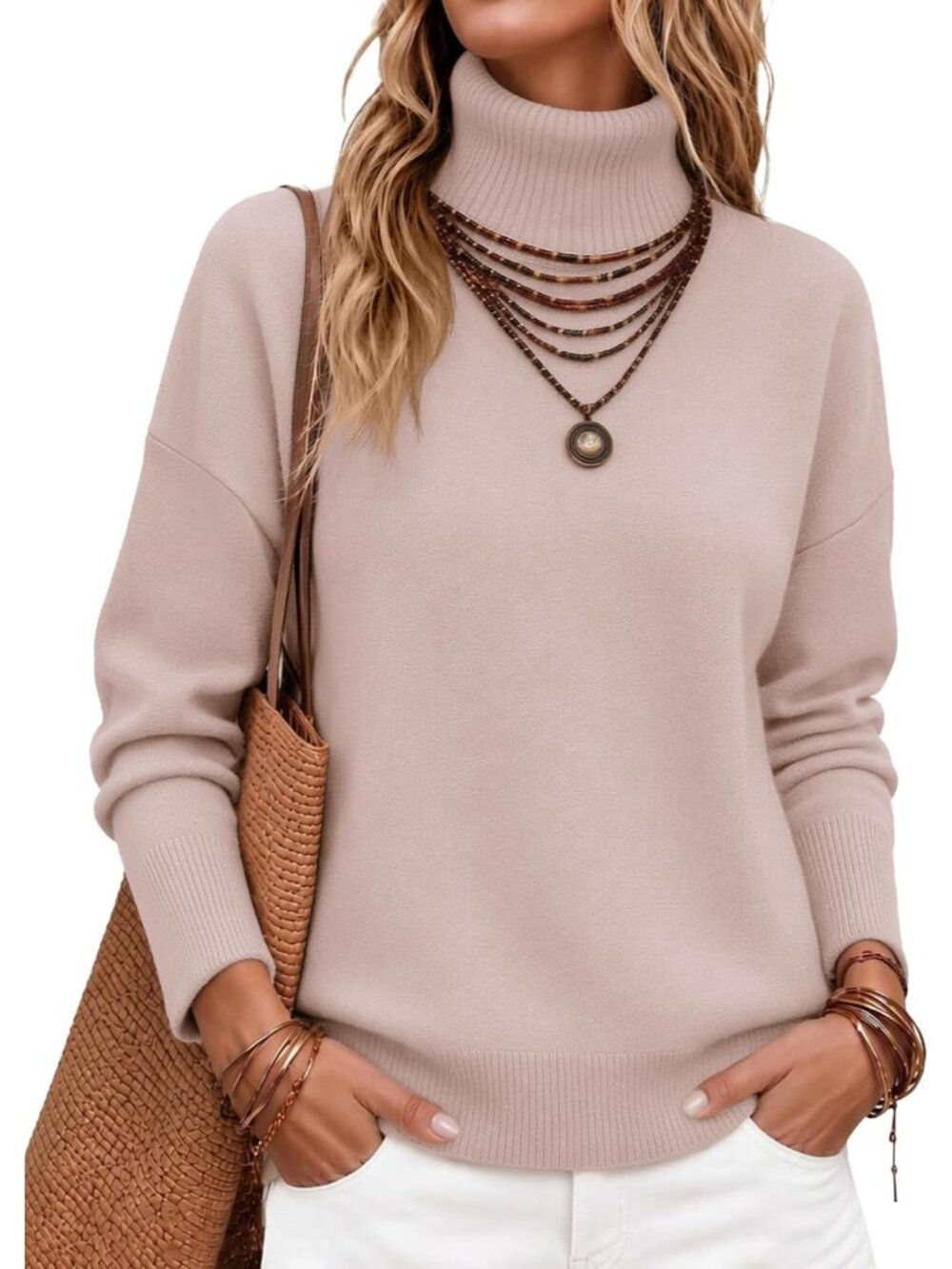 Women's Apricot High Low Hem Trendy Basic Jumper Top Casual Turtleneck Sweater
